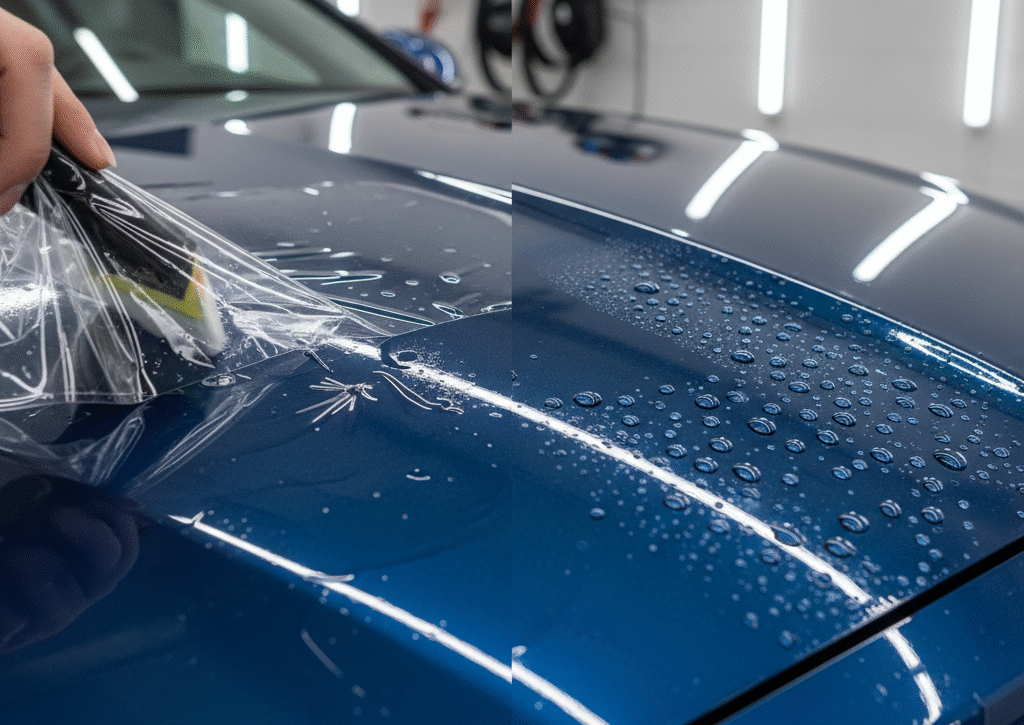 A split image or a visually divided image on a car''s hood. One side clearly shows a thin, transparent film (PPF) being applied or already on, with a small, almost invisible "chip" being deflected. The other side shows a car surface with a ceramic coating, displaying extreme hydrophobicity with perfect water beads. It visually contrasts physical barrier vs. hydrophobic chemical protection.