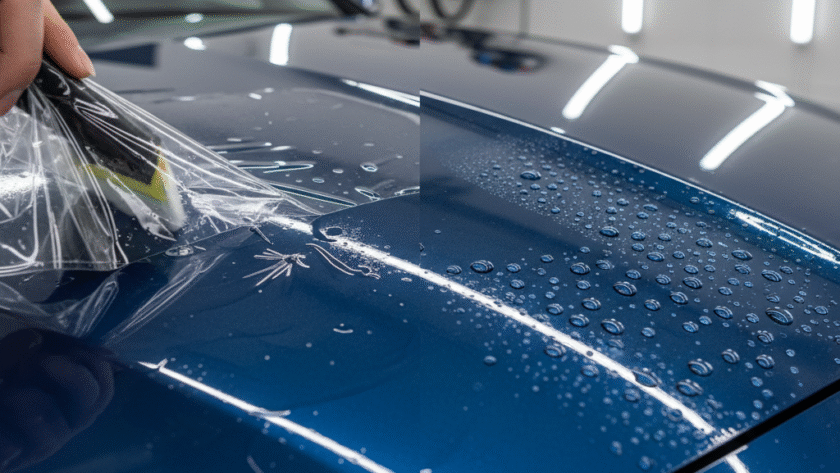 A split image or a visually divided image on a car''s hood. One side clearly shows a thin, transparent film (PPF) being applied or already on, with a small, almost invisible "chip" being deflected. The other side shows a car surface with a ceramic coating, displaying extreme hydrophobicity with perfect water beads. It visually contrasts physical barrier vs. hydrophobic chemical protection.