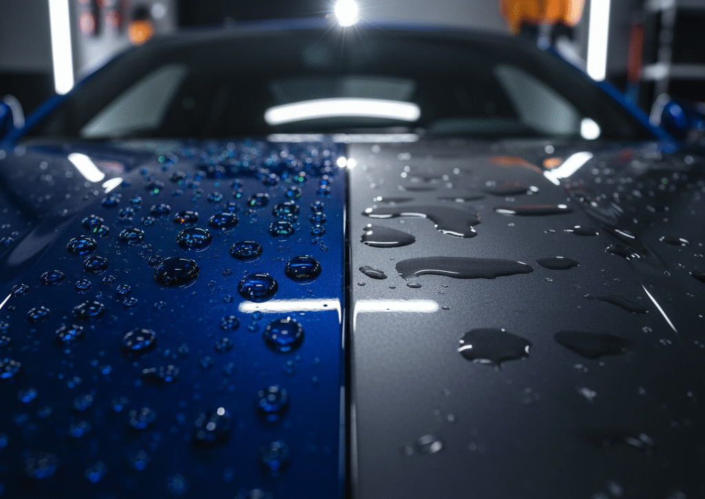 A close-up of a dark, highly polished car surface, with water beading perfectly, reflecting vibrant colours like a mirror. One side of the image subtly shows a slightly duller, unprotected area for contrast. The overall feel is sleek, modern, and high-tech.