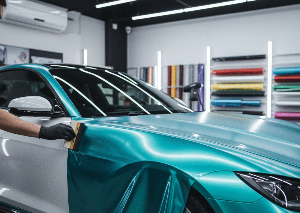 A dynamic shot of a car undergoing a full vinyl wrap transformation. Show a skilled technician smoothly applying a vibrant, colourful vinyl film to a car panel, with part of the car already wrapped and looking completely different from the unwrapped section. The colours should pop, conveying creativity and change.