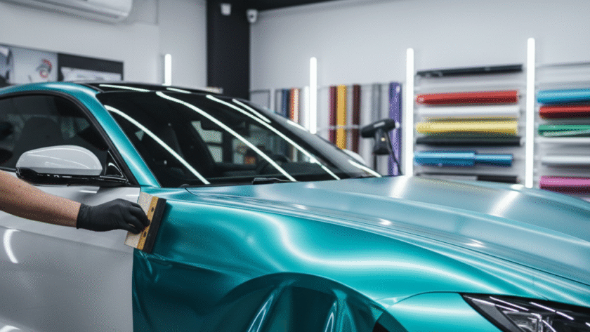 A dynamic shot of a car undergoing a full vinyl wrap transformation. Show a skilled technician smoothly applying a vibrant, colourful vinyl film to a car panel, with part of the car already wrapped and looking completely different from the unwrapped section. The colours should pop, conveying creativity and change.