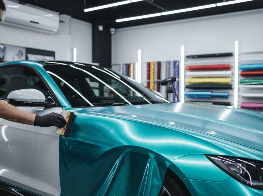 A dynamic shot of a car undergoing a full vinyl wrap transformation. Show a skilled technician smoothly applying a vibrant, colourful vinyl film to a car panel, with part of the car already wrapped and looking completely different from the unwrapped section. The colours should pop, conveying creativity and change.