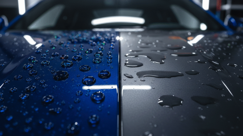 A close-up of a dark, highly polished car surface, with water beading perfectly, reflecting vibrant colours like a mirror. One side of the image subtly shows a slightly duller, unprotected area for contrast. The overall feel is sleek, modern, and high-tech.