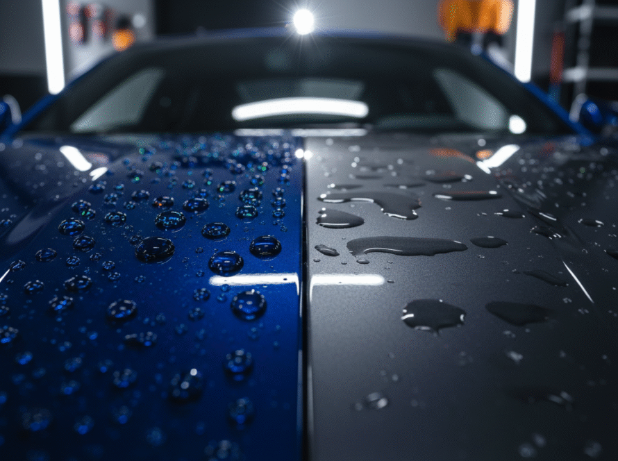A close-up of a dark, highly polished car surface, with water beading perfectly, reflecting vibrant colours like a mirror. One side of the image subtly shows a slightly duller, unprotected area for contrast. The overall feel is sleek, modern, and high-tech.