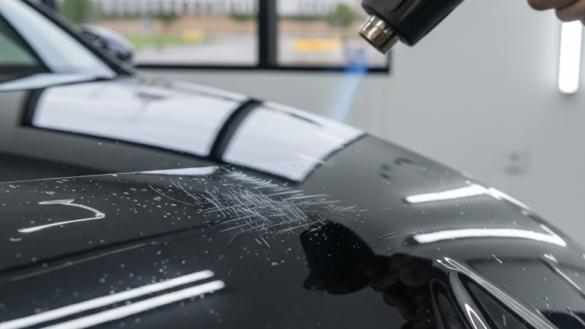 Technician using a heat gun to activate the self-healing properties of PPF (Paint Protection Film) on a black car fender in Canberra.