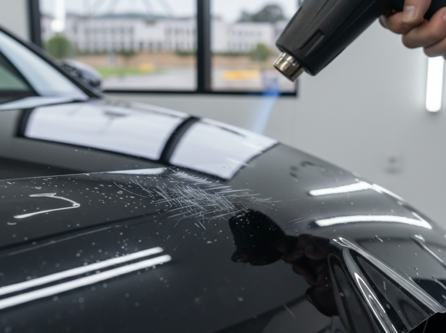 Technician using a heat gun to activate the self-healing properties of PPF (Paint Protection Film) on a black car fender in Canberra.