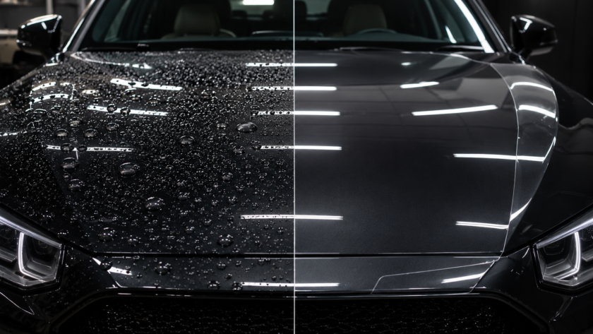 Comparison of ceramic coating water beading and paint protection film on a car bonnet.