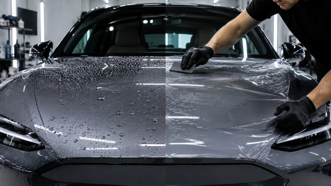 Electric car receiving paint protection and ceramic coating in a professional detailing studio