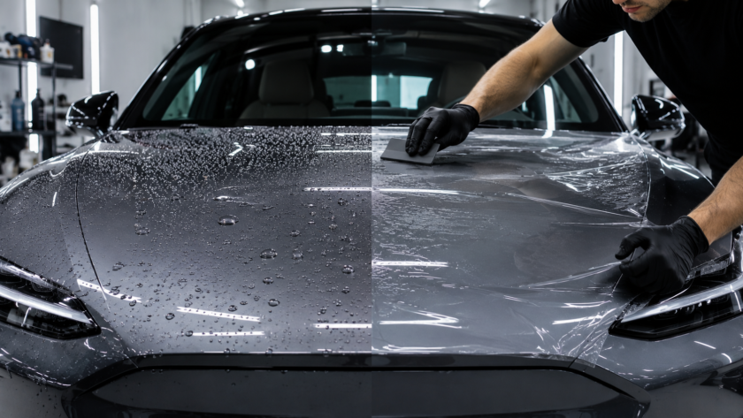 Electric car receiving paint protection and ceramic coating in a professional detailing studio