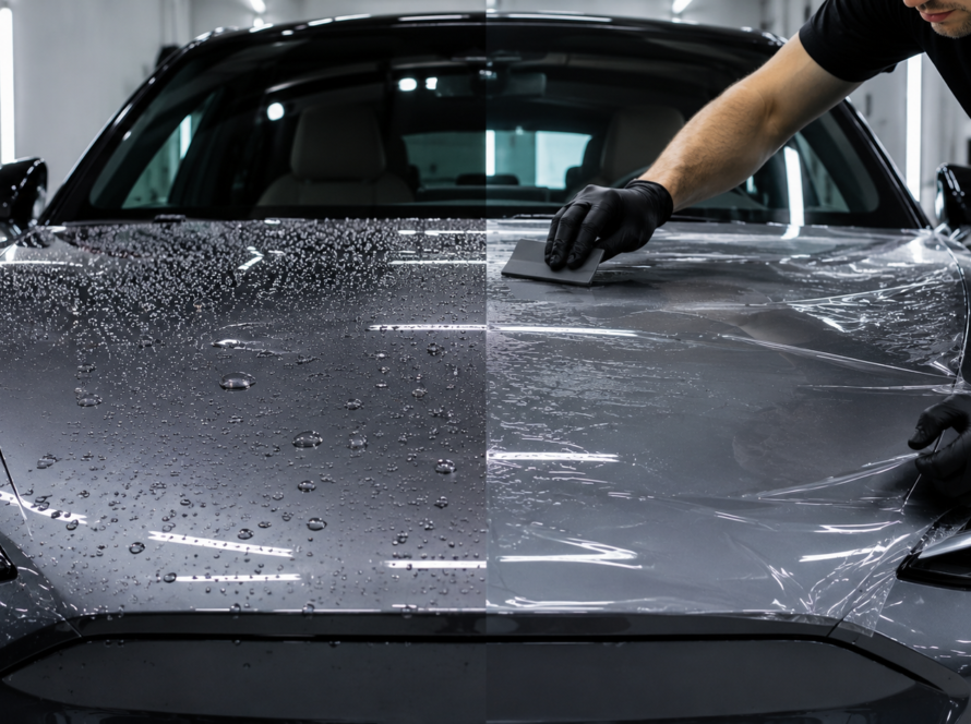Electric car receiving paint protection and ceramic coating in a professional detailing studio